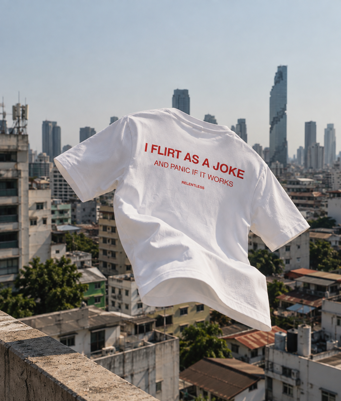schwebendes t shirt über der skyline